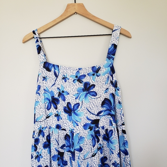 Eloquii Floral Tropical Tiered Tie Back Maxi Dress Blue SZ 16 Wedding Guest - Picture 2 of 5